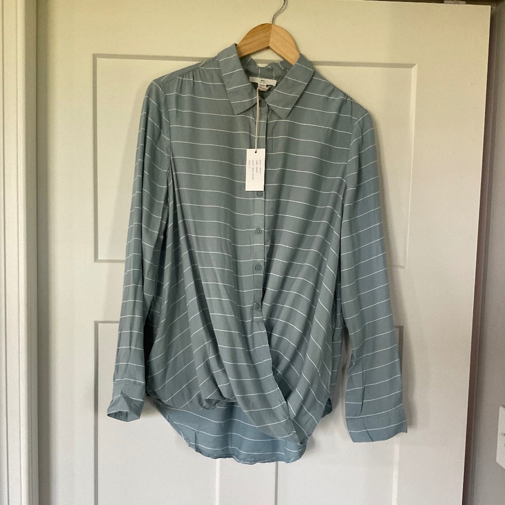 NWT BLL New York Cherie Striped Button Up Moss w/ White Ruched Waist Blouse